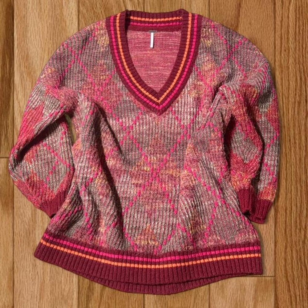 Free People silverstone tunic sweater argyle plaid v-neck slouchy EXTRA oversize
